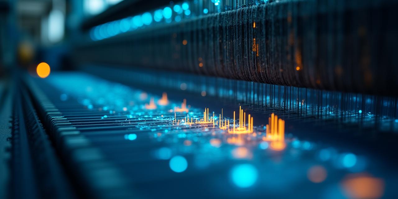 Close-up of high-tech textile machinery with an overlay of digital performance data