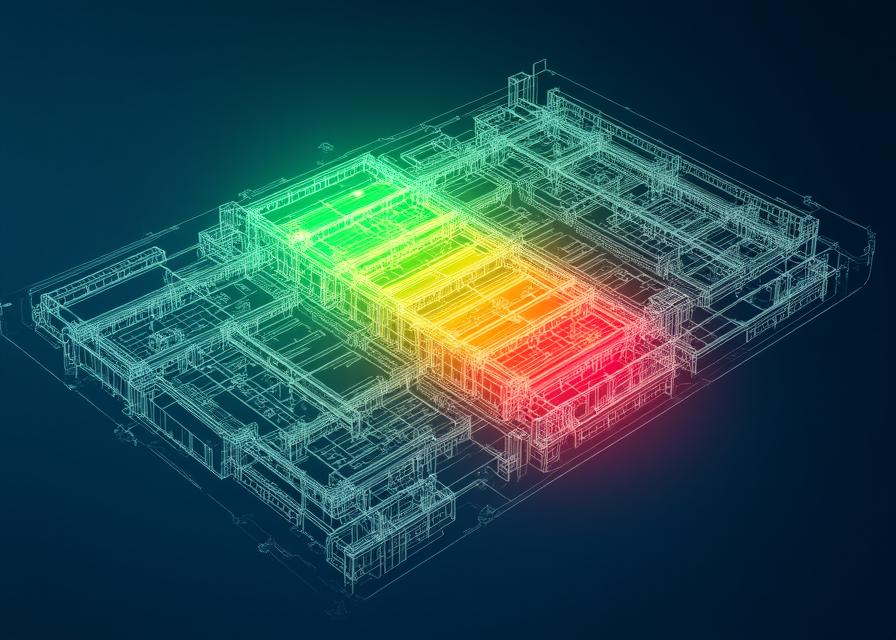 Illustration of factory floor heatmaps and node graphs