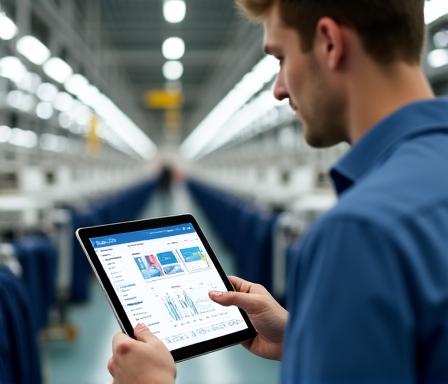 Modern UK textile factory floor with tablets and data screens
